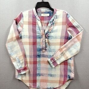 Isabella Sinclair Henley Plaid Tunic Shirt Womens XS V Neck Ruffled Long Sleeve